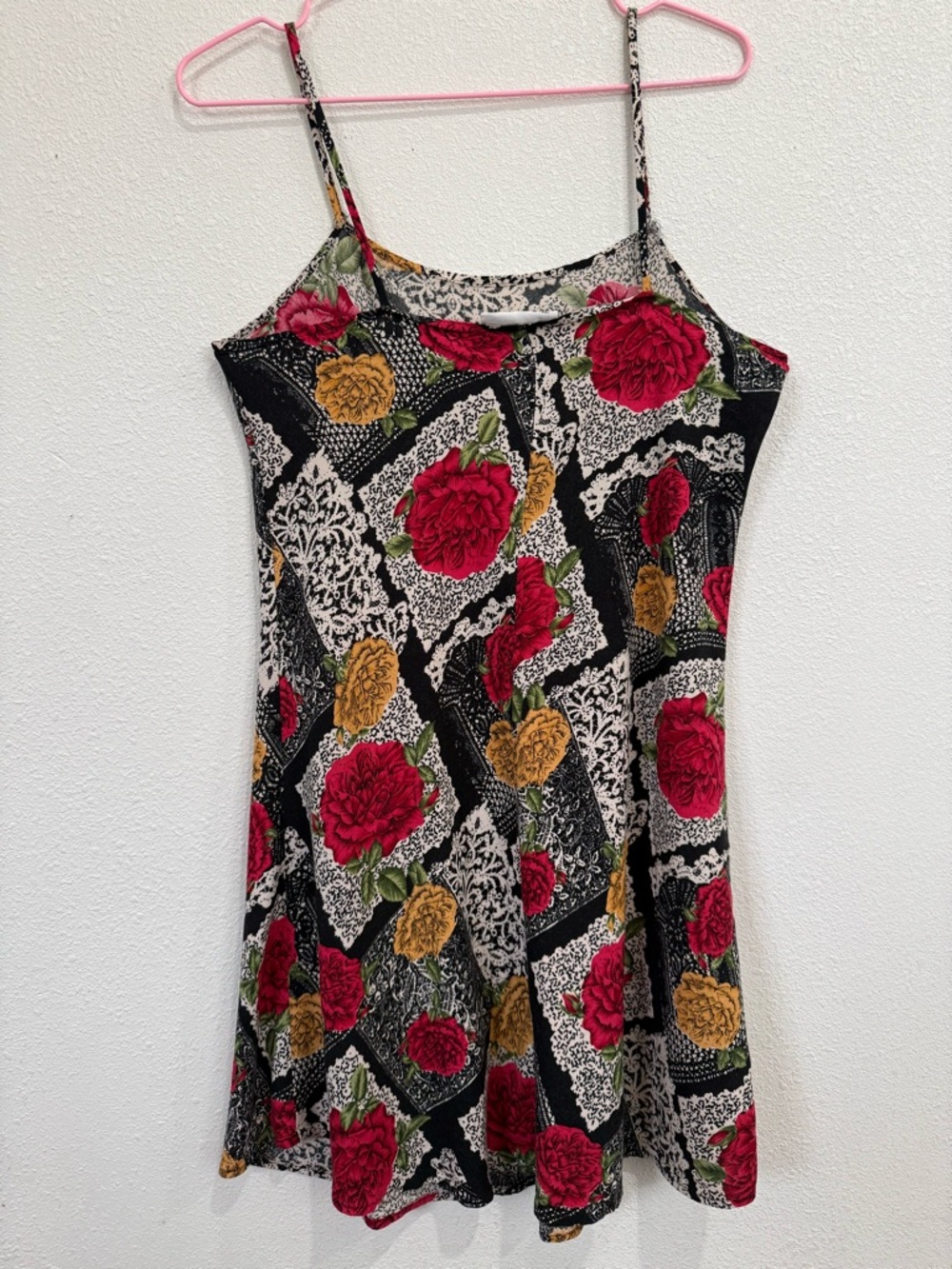 Floral Slip Mini Dress in Black and Pink - Women's Spaghetti Strap Dress - Picture 5 of 7